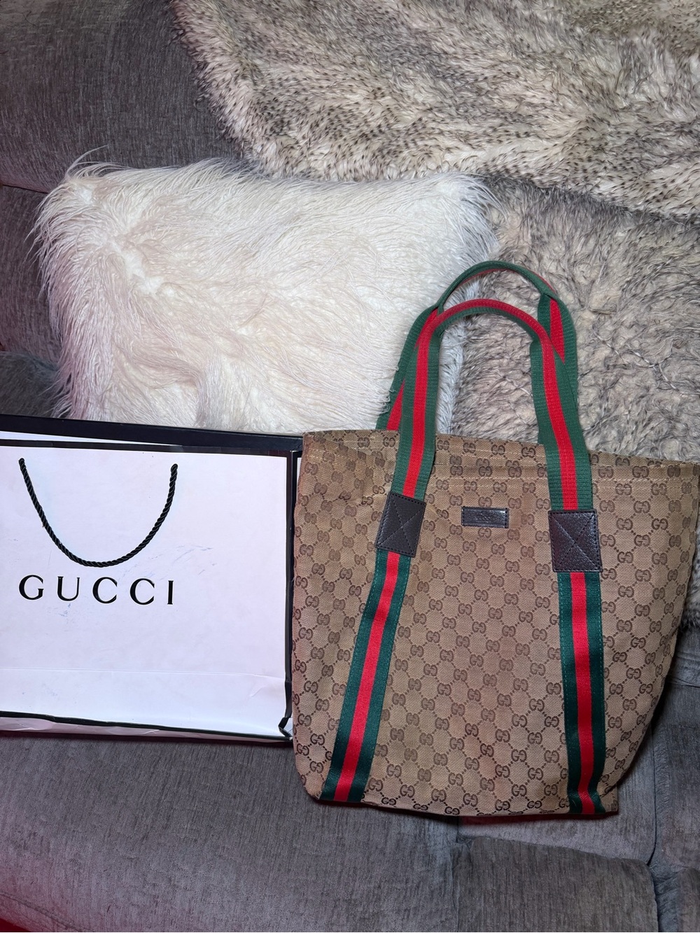 Gucci Brown GG Canvas Messenger Tote with Red and Green Straps
